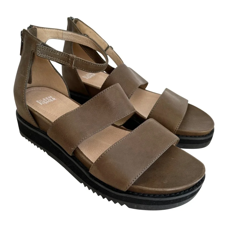 Eileen Fisher Keno Platform Sandals Womens 9.5 Olive Green‎ Leather Coastal